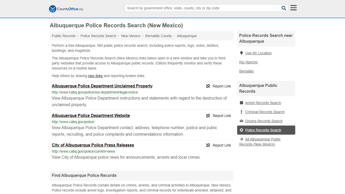 Albuquerque Police Records Search (New Mexico) - County Office